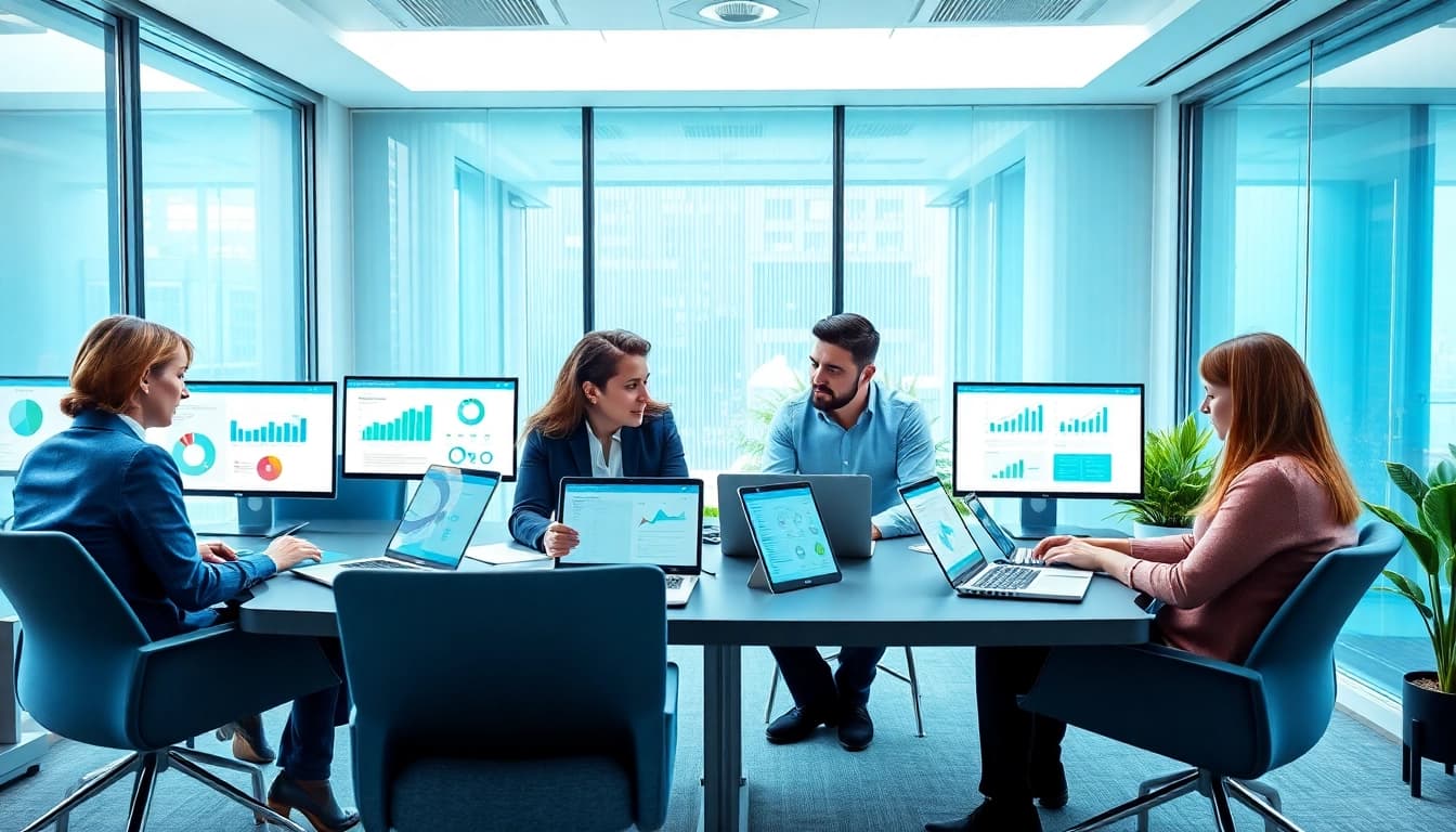 Optimizing SEO Frankfurt strategies in a modern office environment with a diverse team.