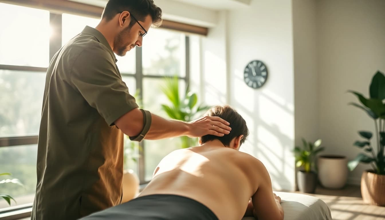 Osteopathie-Behandlung: Osteopath, der im hellen Raum einen Patienten behandelt.