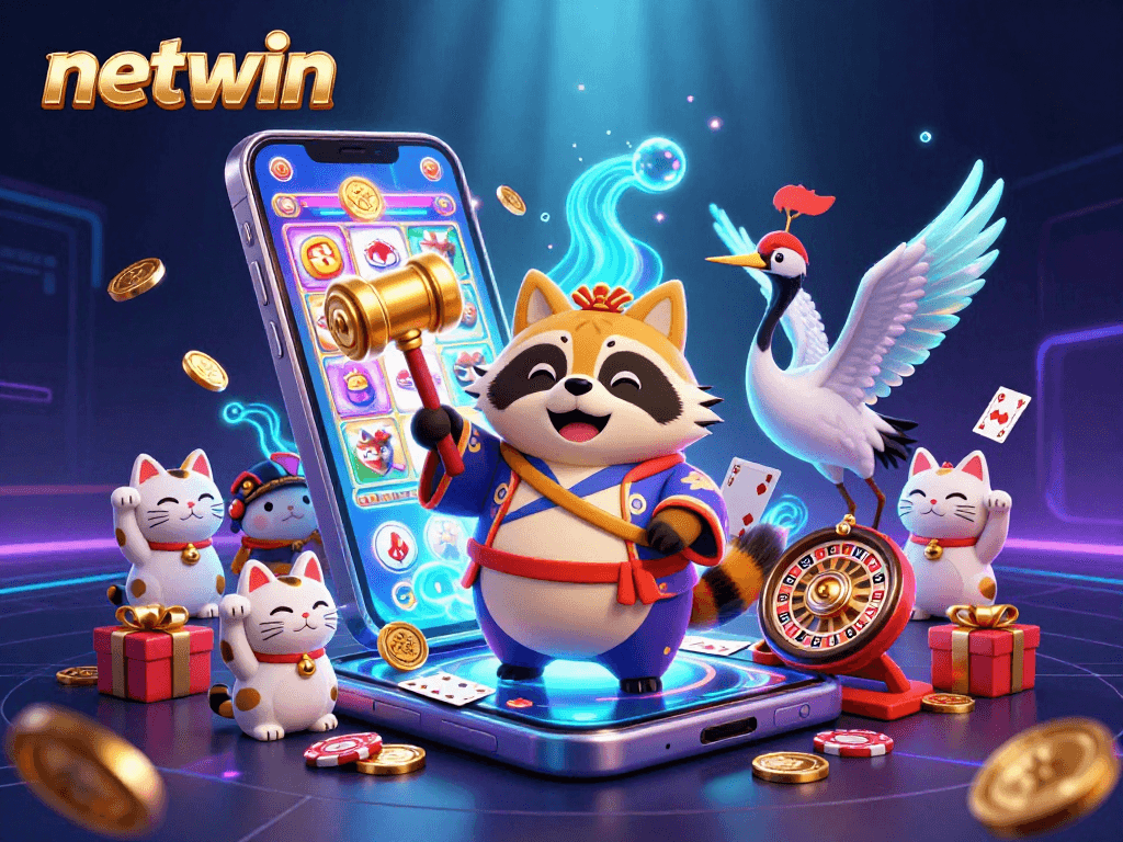 Experience netwin's vibrant online entertainment with a charming tanuki and lucky symbols.