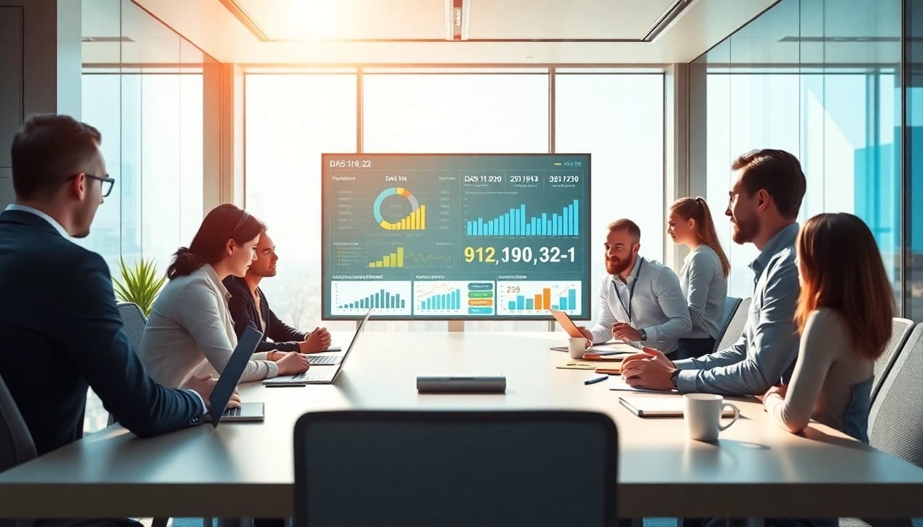 Analyze metrics of das 142 in a modern office with professionals discussing insights.
