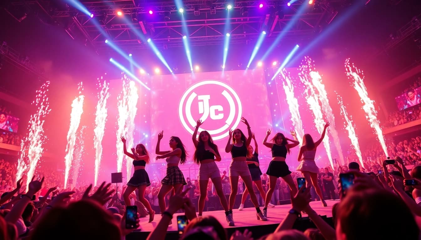 Capturing Blackpink news with the band performing on stage amidst vibrant lights and an excited crowd.
