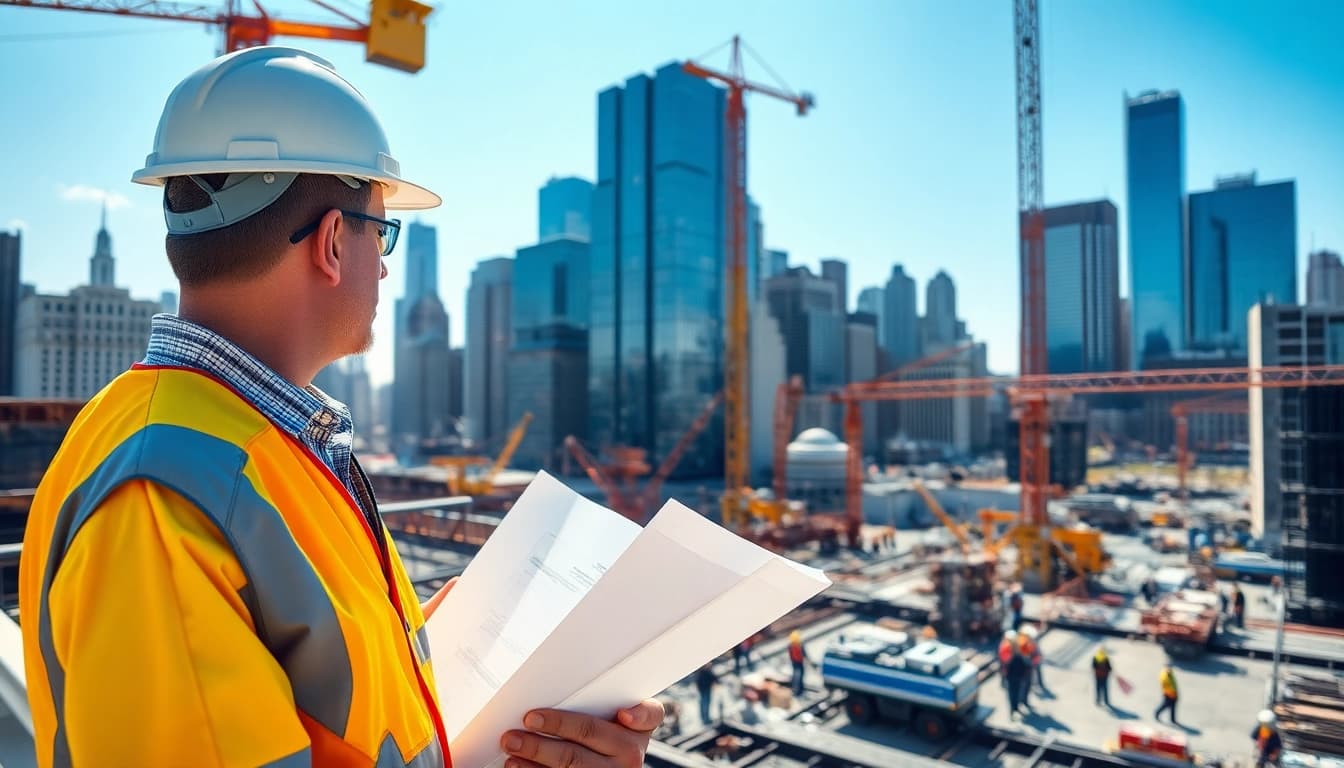 New York City Construction Manager directing activities on a vibrant construction site.