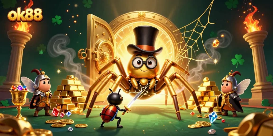 Action-packed illustration of ok88 showcasing a golden tarantula, beetle knight, and treasure elements