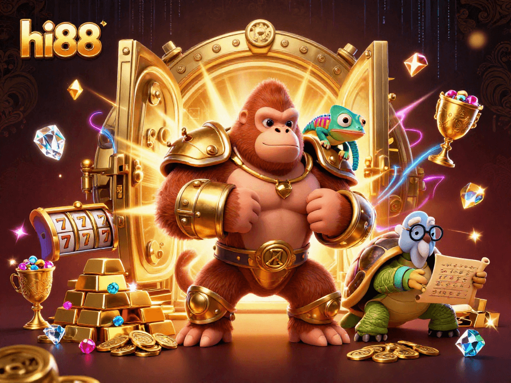 Engage with hi88's vibrant 3D casino experience featuring a gorilla king and treasure.