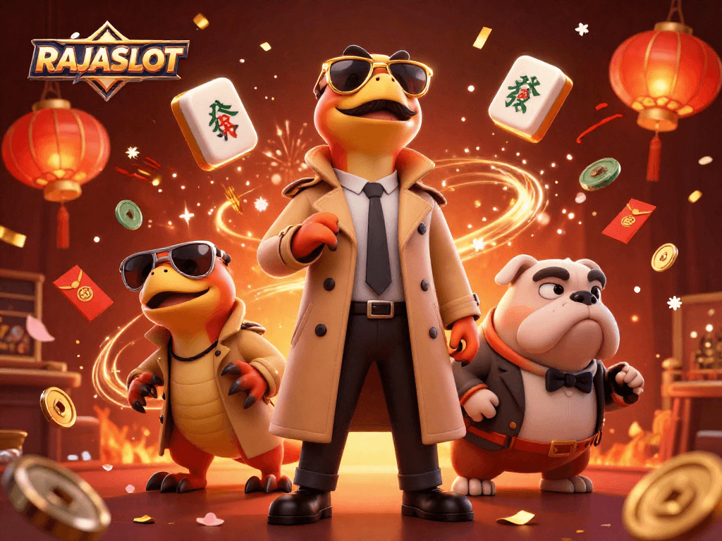 Mainkan RAJASLOT dengan tiga raptor berpakaian jas, menghadapi bouncer di kasino VIP.