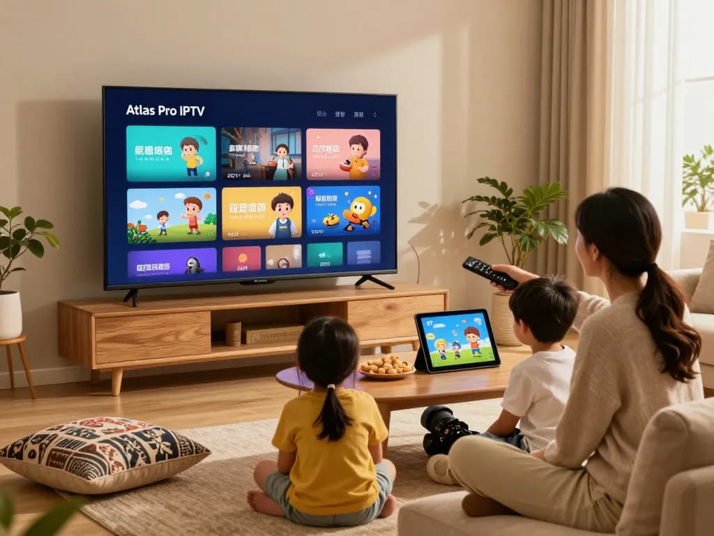 Une famille profitant d'Atlas Pro IPTV sur une Smart TV dans un salon confortable.