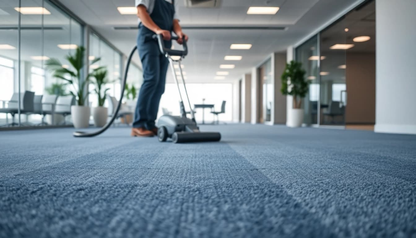 Engaging in commercial carpet cleaning, a technician revitalizes office carpets for a fresh ambiance.