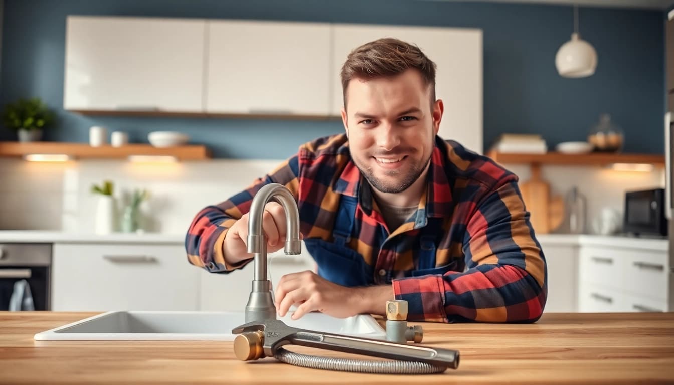 Local plumber demonstrating expertise while fixing a kitchen sink in a well-lit home setting.