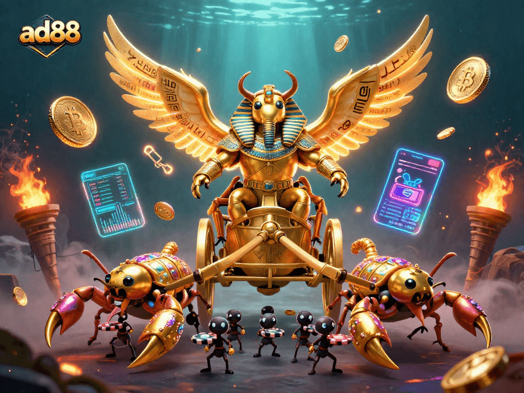 Enjoy thrilling action with ad88's colossal characters and cryptocurrency elements in an animated casino scene.