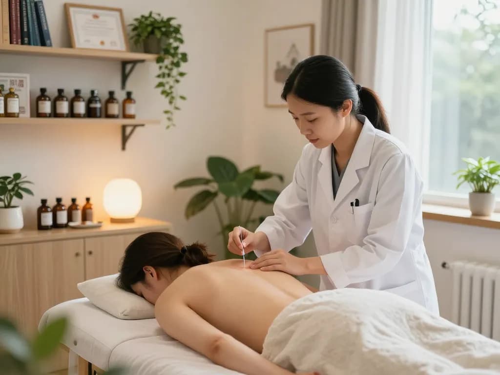 A serene treatment scene at 수원한의원 with acupuncture treatment and herbal remedies.