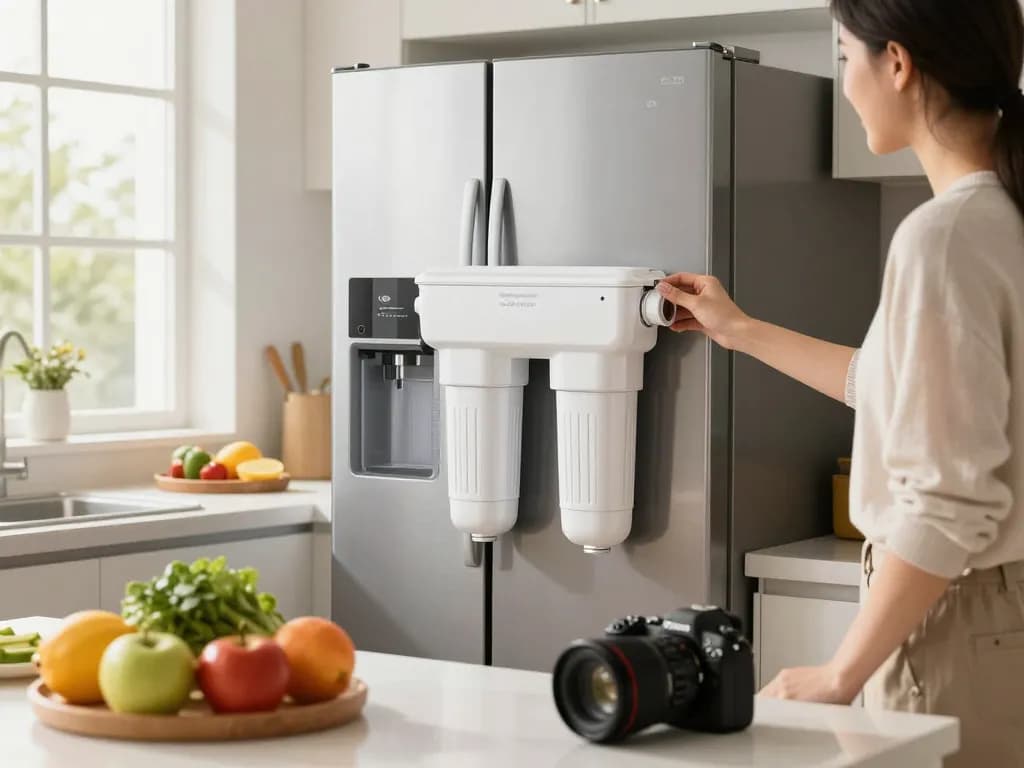 Installing the Waterspecialist DA29-00003G Refrigerator Water Filter in a bright kitchen for clean drinking water.