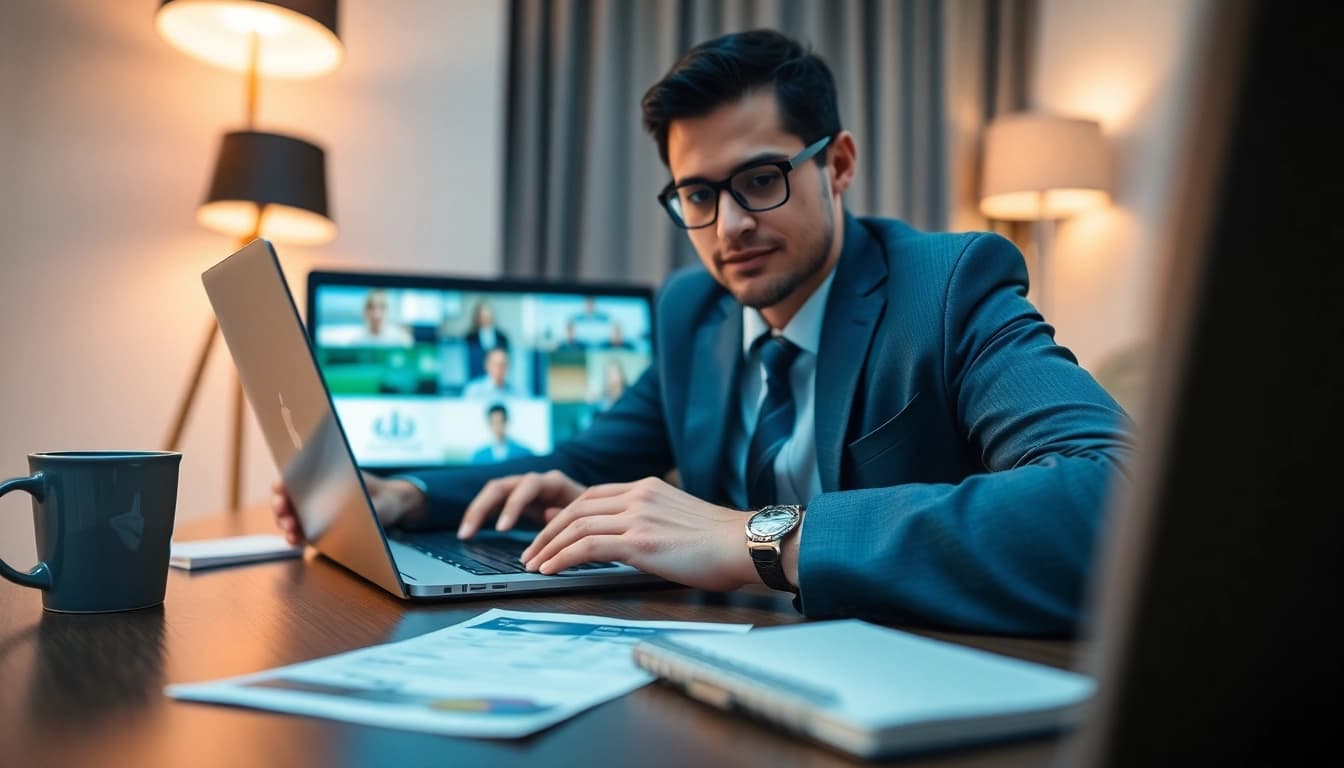 Business professional on a laptop discussing 출장 travel details.