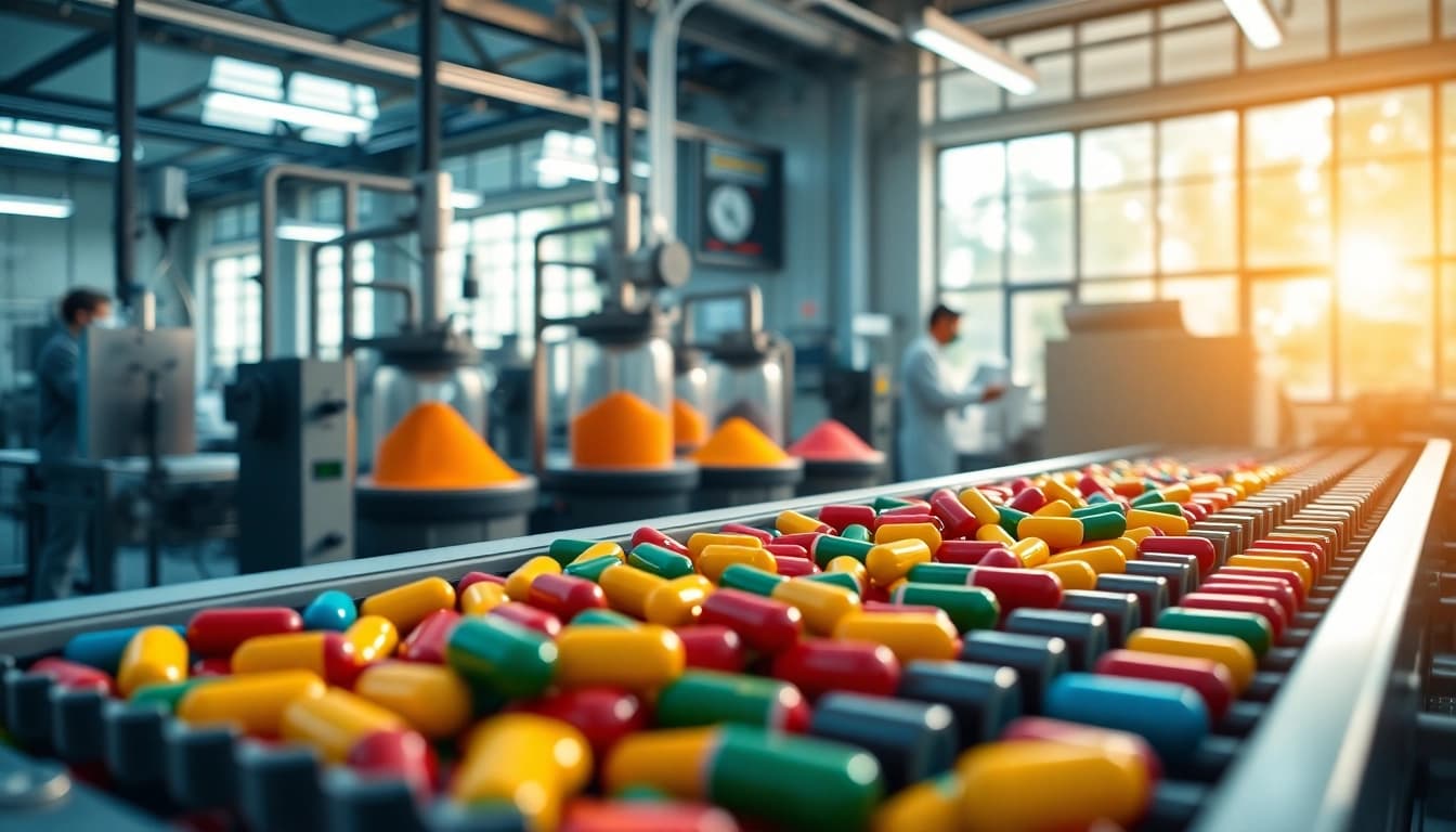 Showcasing a vitamin manufacturer UK blending vibrant vitamin powders in a modern facility.