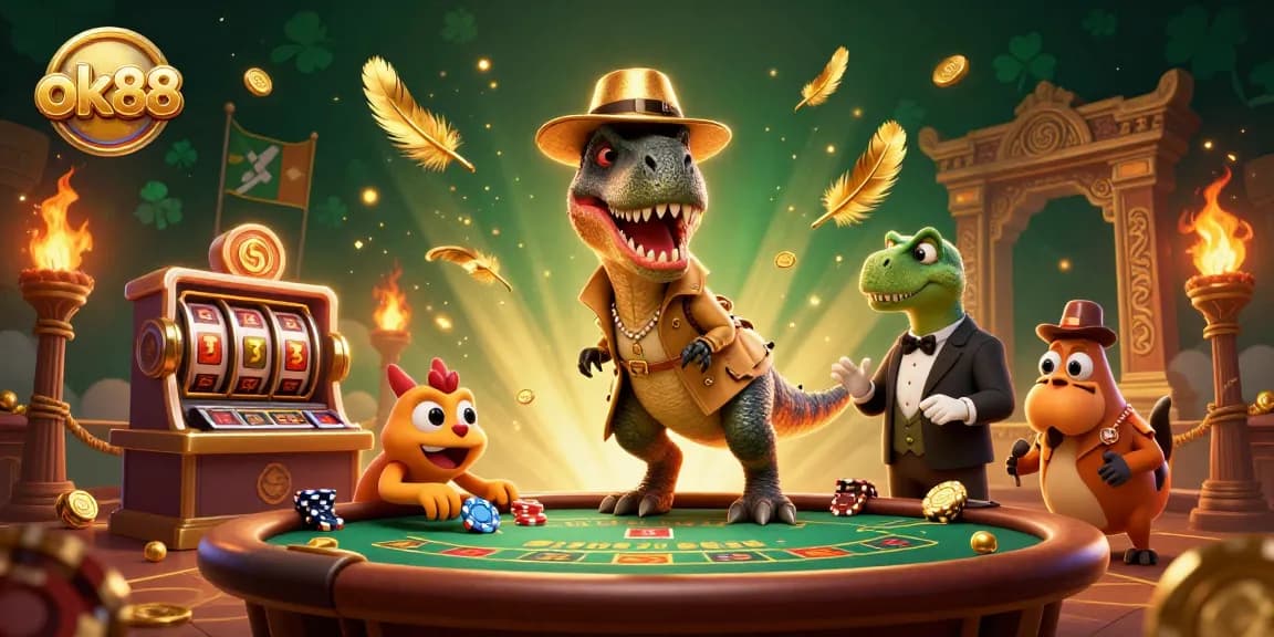 ok88 showcases a velociraptor card counter amid dramatic casino elements, creating a vibrant gambling scene.