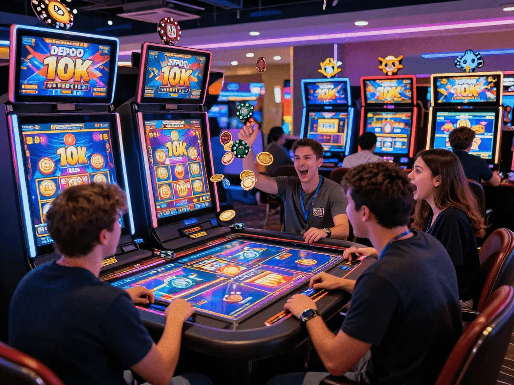 Dynamic online casino scene showcasing players engaging with digital slot depo 10k games and colorful graphics.