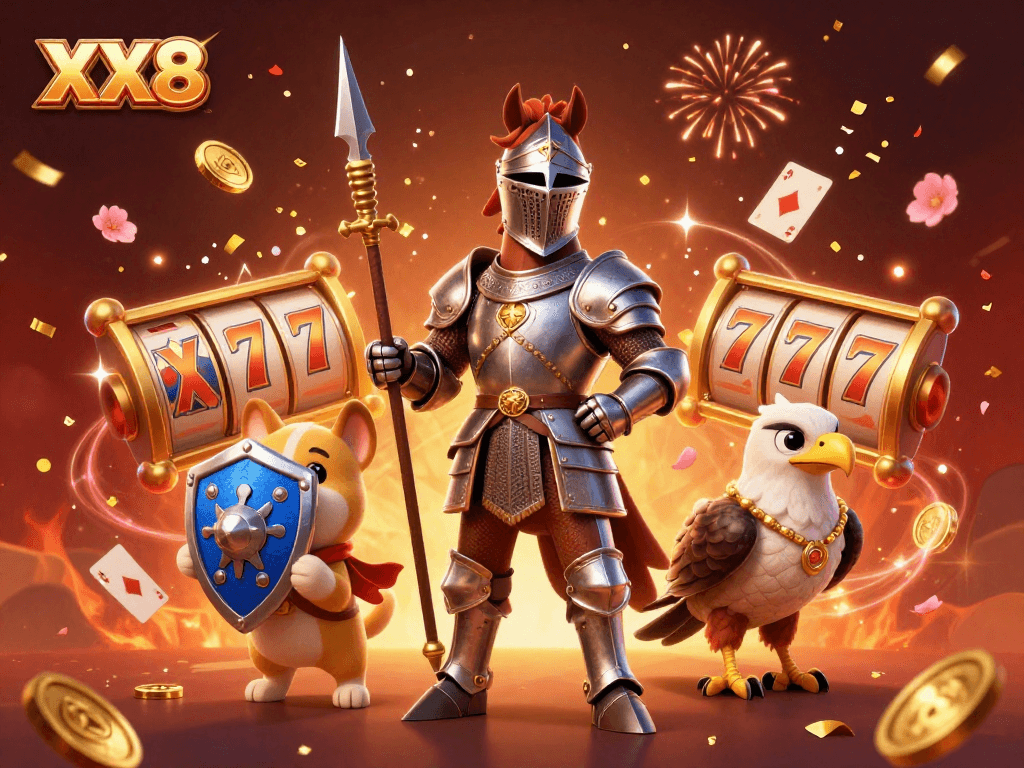 Engage in the excitement of XX8 with a medieval knight and squire amidst casino symbols.