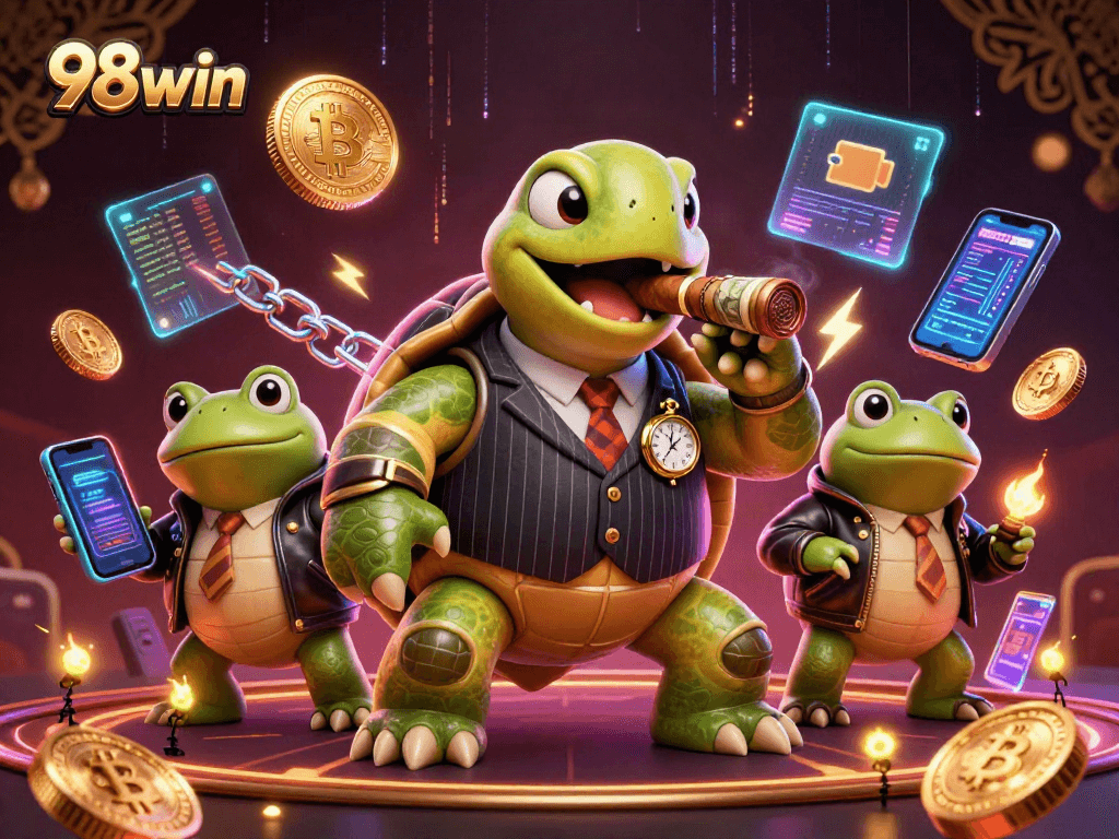 Engage with 98win's vibrant casino scene featuring a unique snapping turtle in a mobster suit.