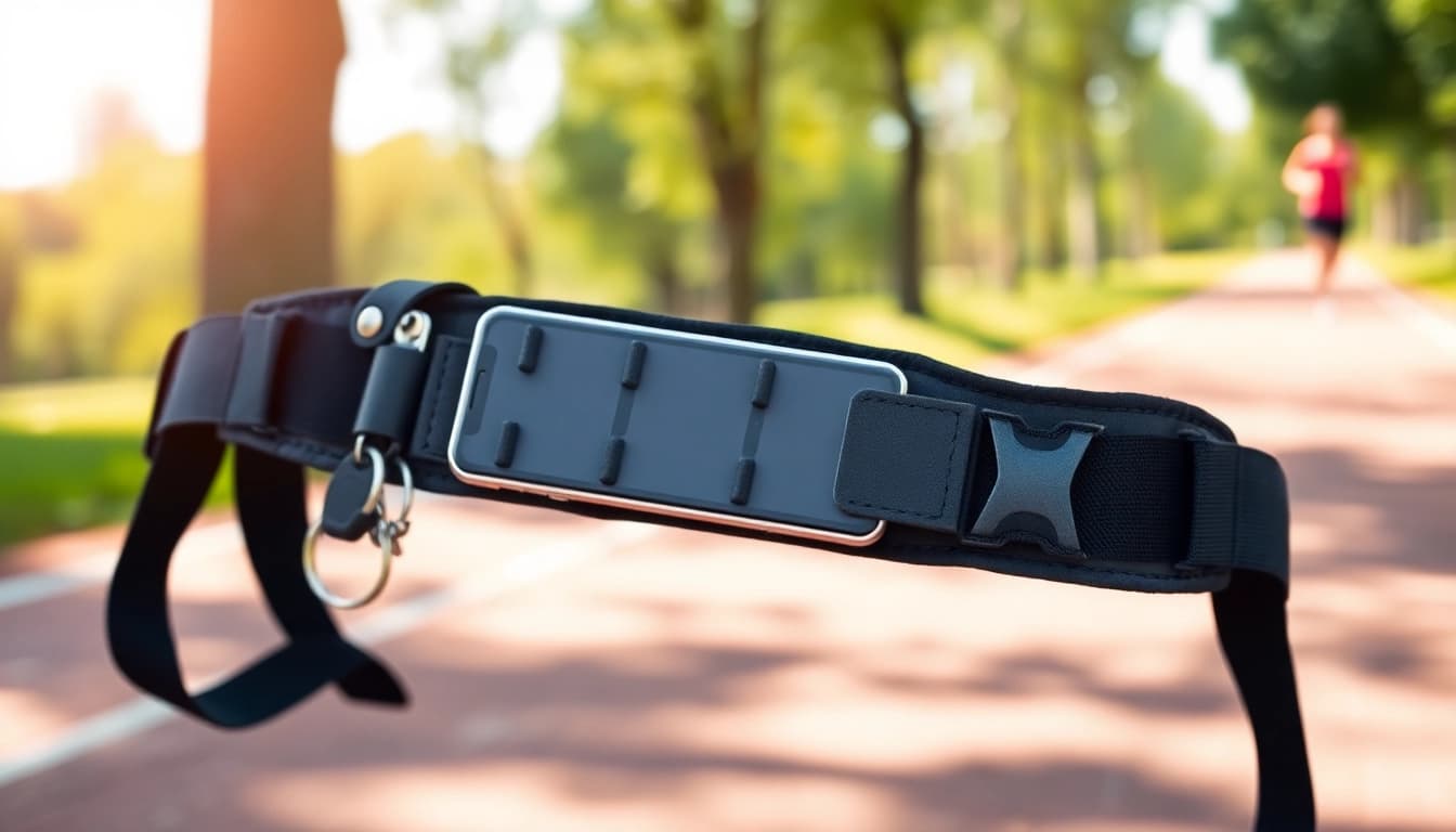 Runner using a run belt to securely carry phone and keys during a jog in a scenic park.