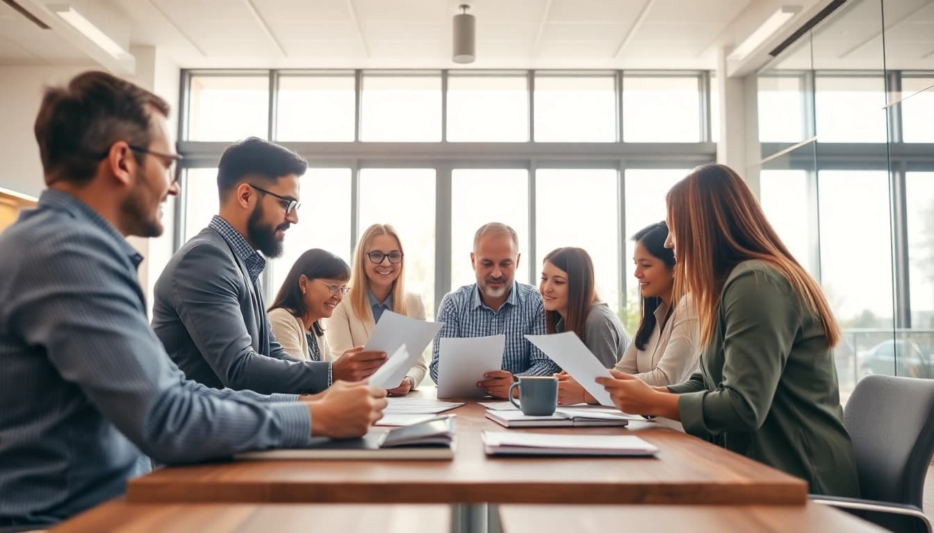 A professional team discusses Proposal Writing and Management in a bright modern office.