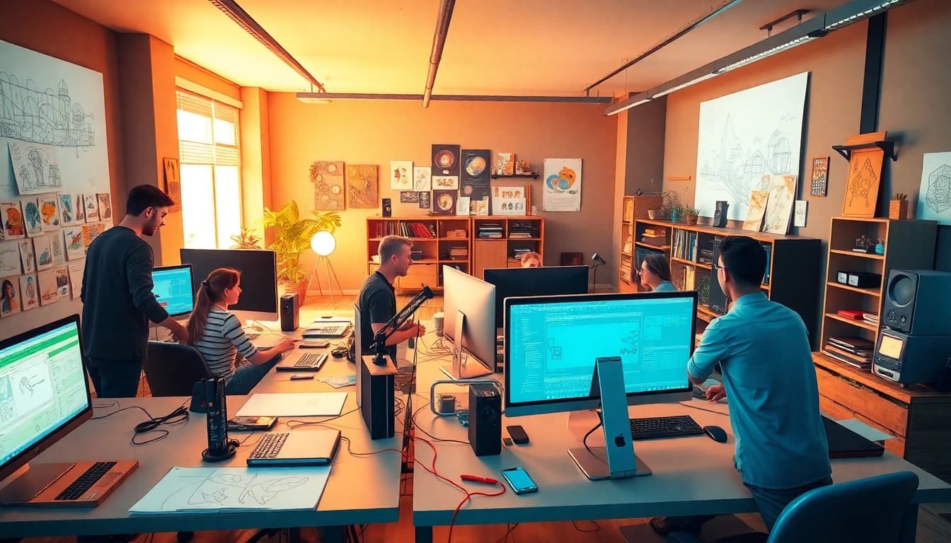 Animationsstudio in einem kreativen Arbeitsumfeld, wo Teams an Projekten arbeiten und Ideen entwickeln.