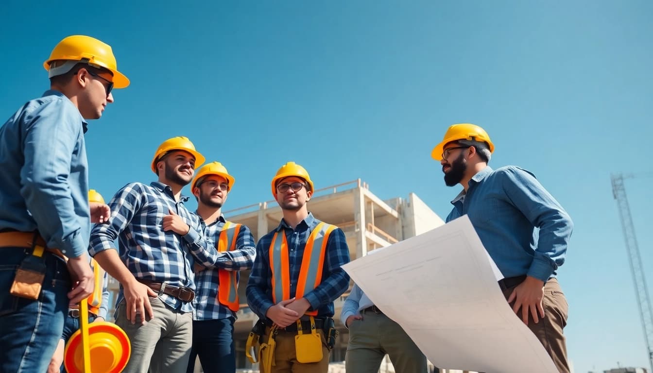 Construction association professionals collaborating on a building project with various tools.