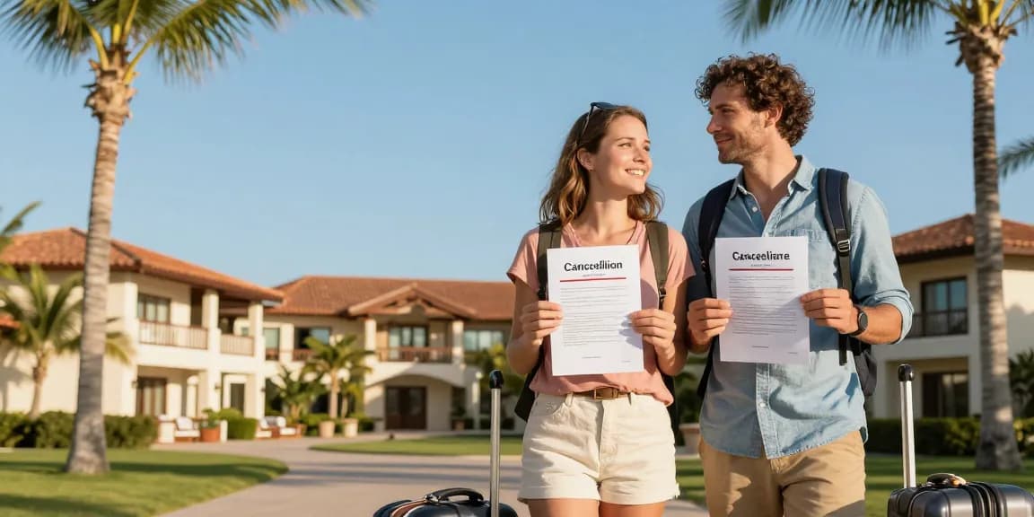 Couple celebrating as they cancel timeshare outside a resort, holding documents with palm trees and luggage.