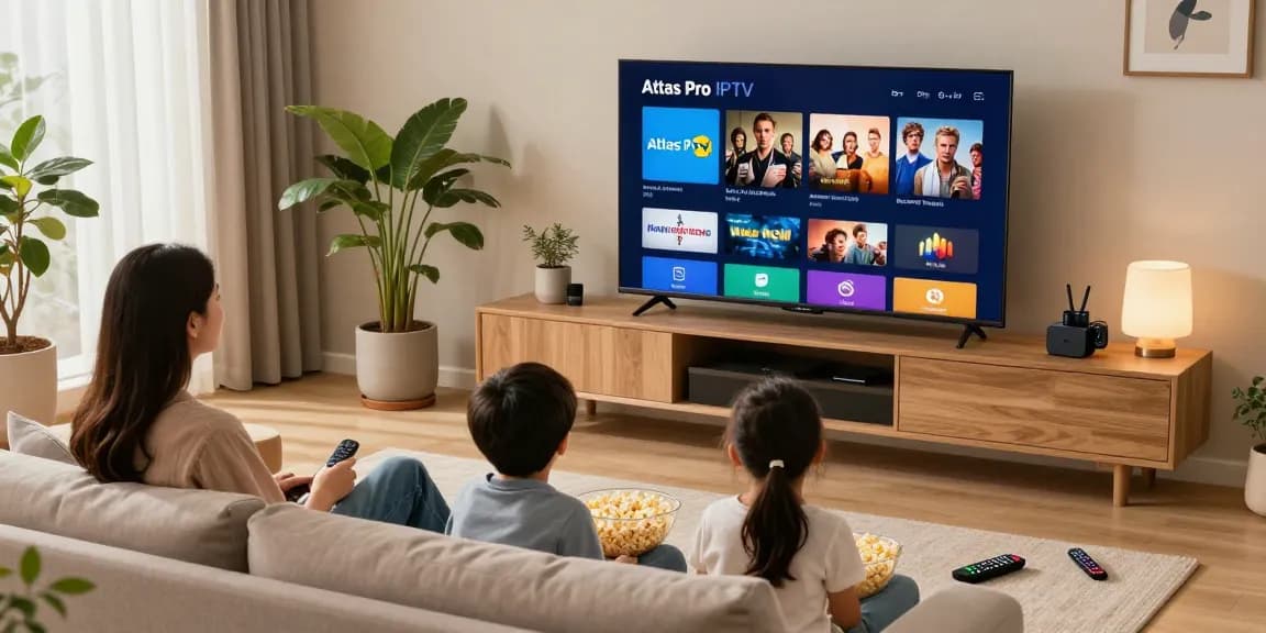 Famille profitant d'une soirée cinéma avec le streaming IPTV Atlas Pro à la télévision