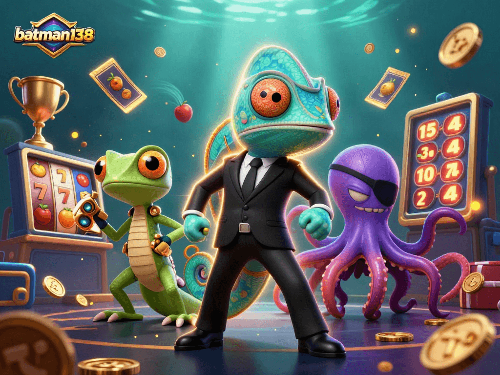 Engage with batman138's casino adventure featuring vibrant characters, slot reels, and dynamic gaming elements.