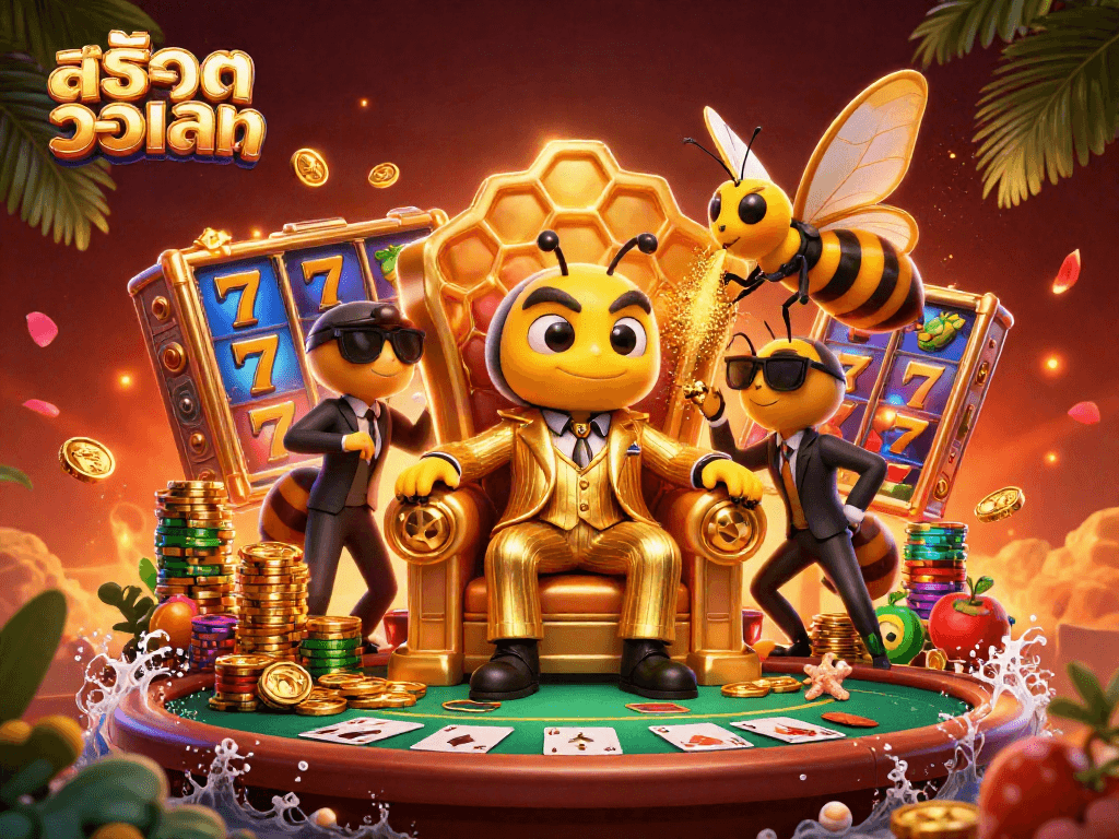 Engaging scene featuring สล็อตวอเลท with a bumblebee mob boss, slot reels, and jackpot coins in a vibrant casino setup.