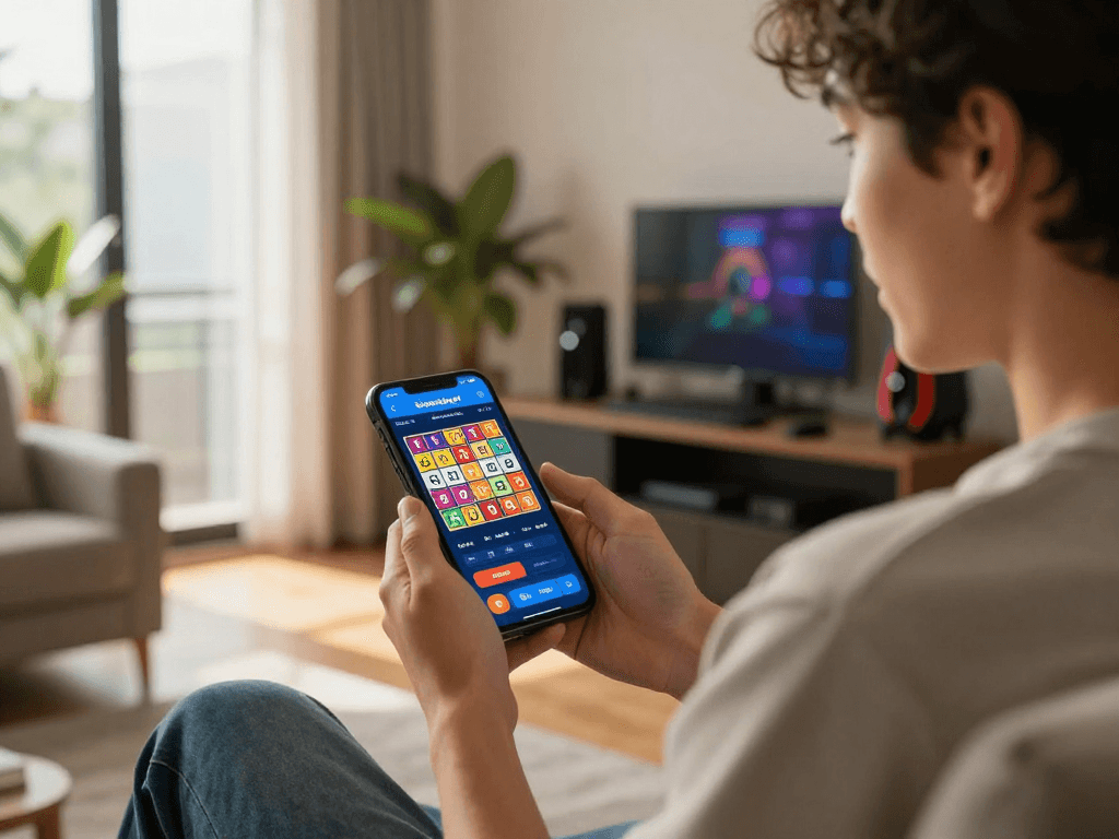 Engaged user enjoying Dewatogel's online lottery app in a cozy setting.