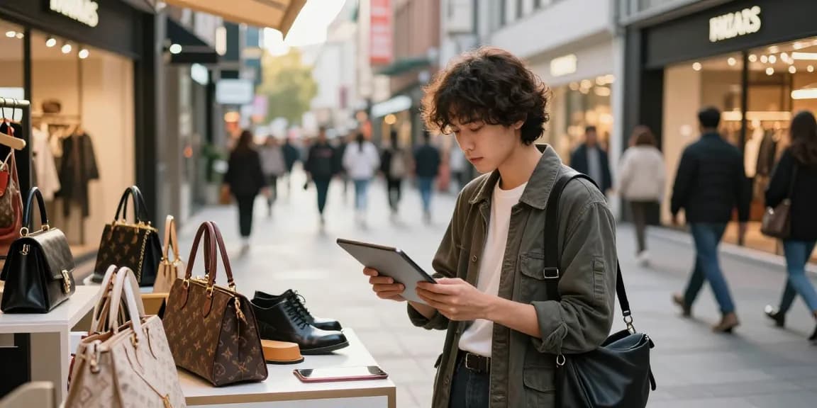 Engaging shopping experience with a stylish individual exploring high-quality 레플리카 사이트 replica products in an urban setting.