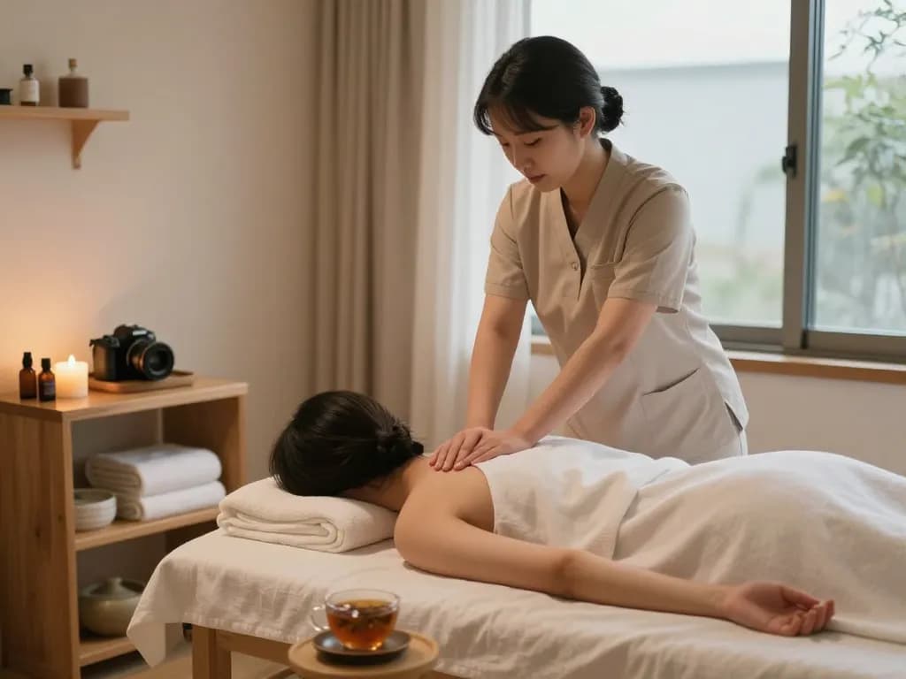 Woman receiving a professional 역삼동마사지 in a tranquil wellness studio with soothing atmosphere.