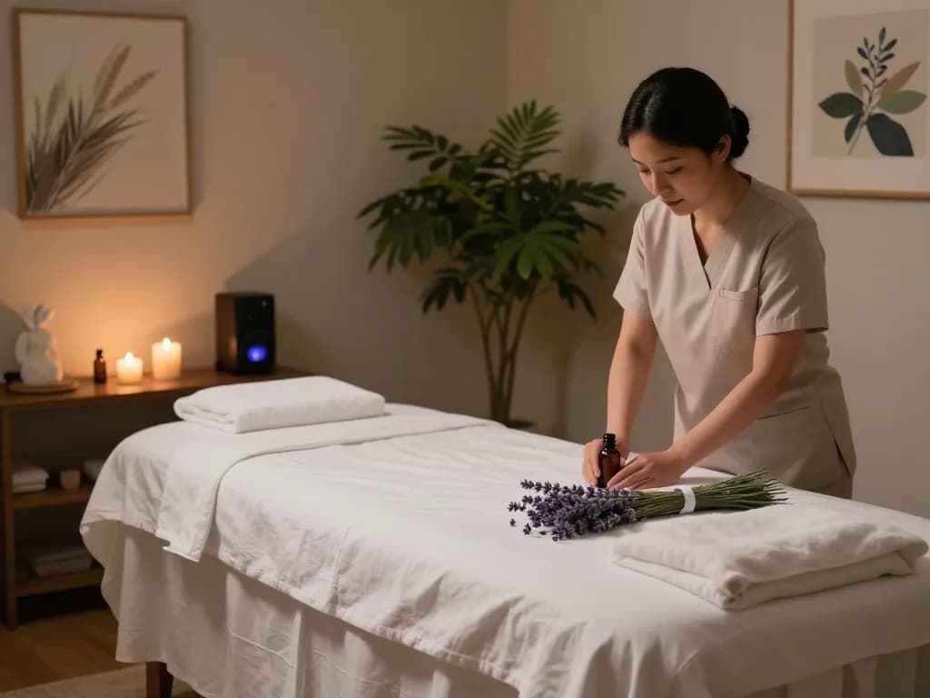 편안한 장식과 향기로운 요소로 꾸며진 평온한 마사지 방에서 궁극의 강남마사지를 경험하세요.
