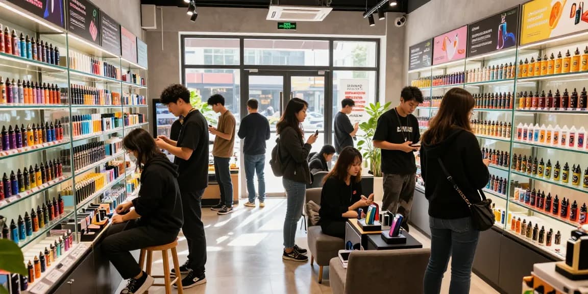 Vape shop interior with蒸氣天堂 products on display and customers exploring e-cigarettes.