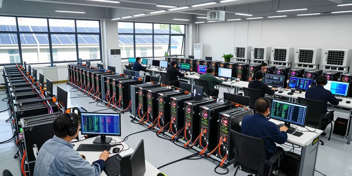 Bitcoin mining setup with high-tech rigs and dedicated workspaces for secure cryptocurrency processing and blockchain operations.
