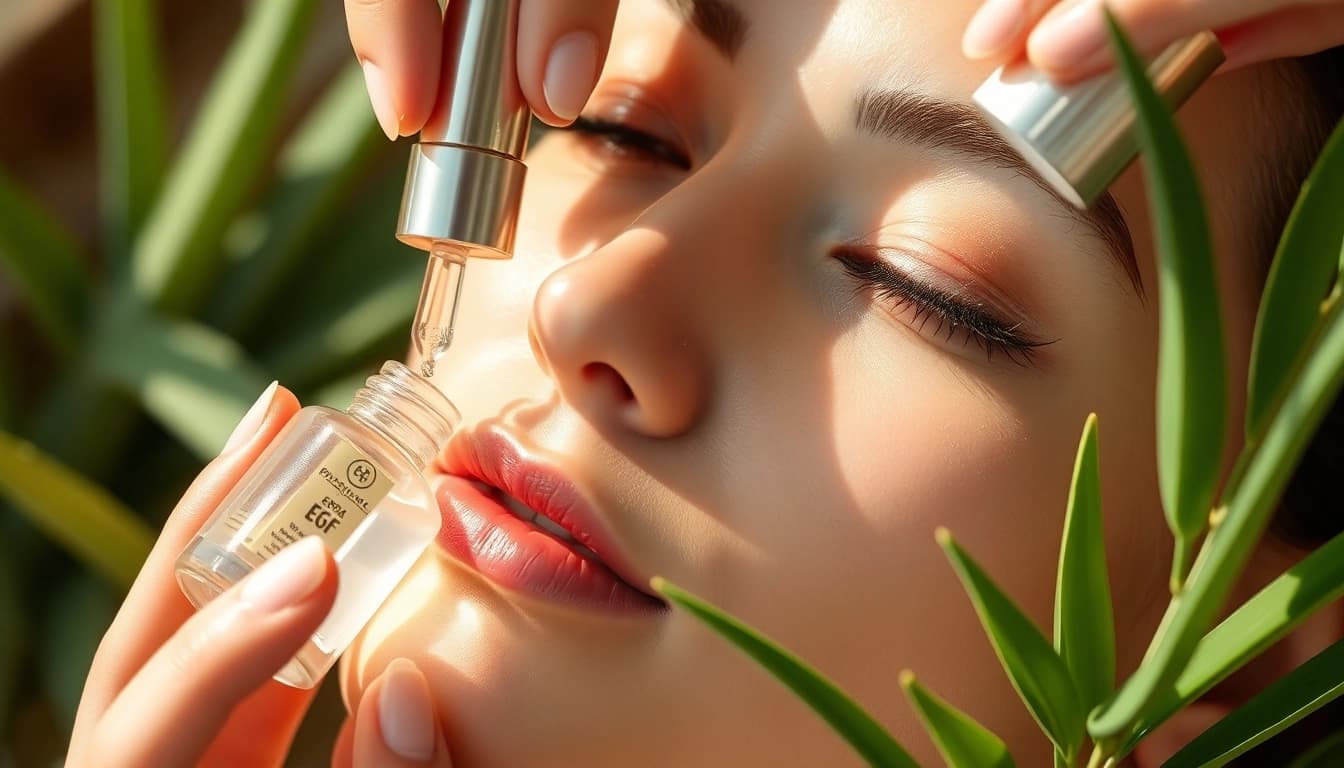 Enhancing skin with the best EGF serum in a serene setting, showcasing natural skincare elements.