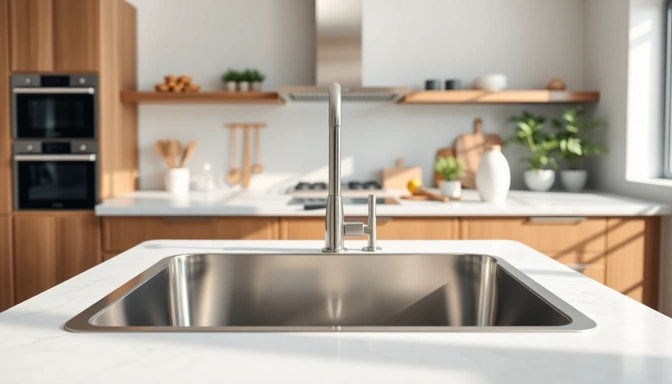 Elegant steel sink showcased in a modern kitchen environment, highlighting its sleek design and functionality.