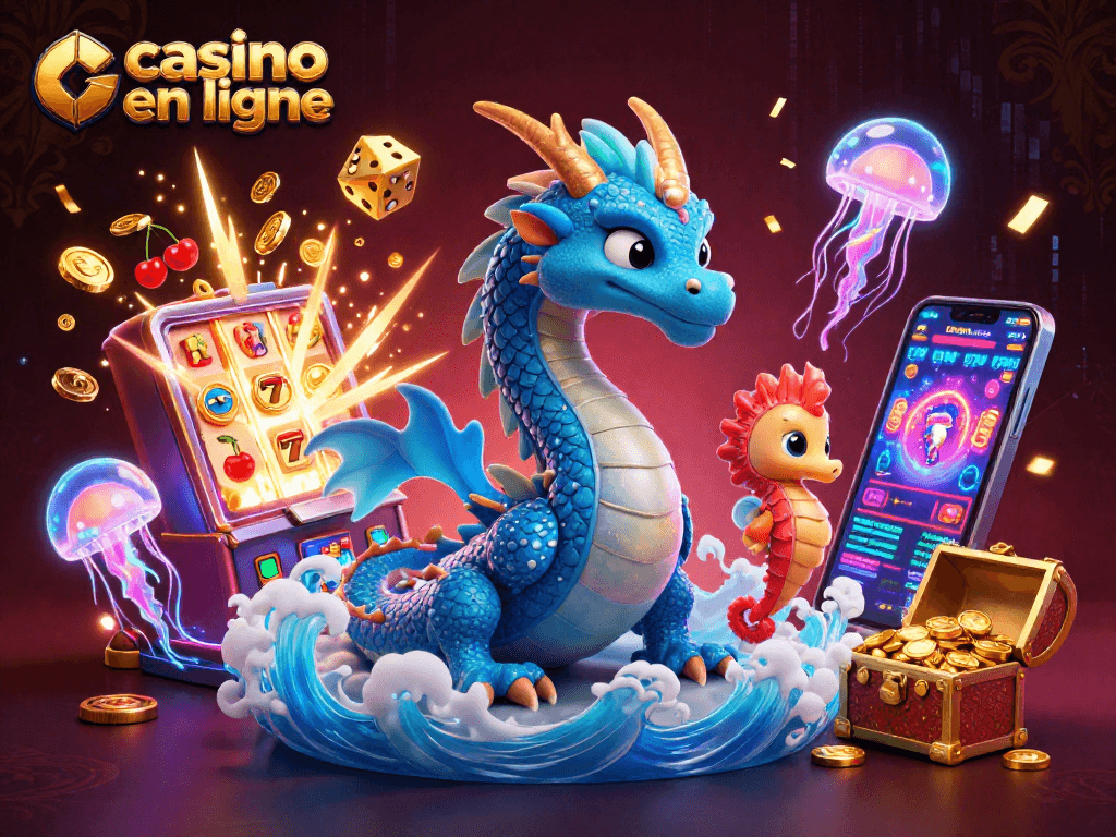Gagnez avec le casino en ligne grâce à une image de dragon, chevalier et loterie scintillante.
