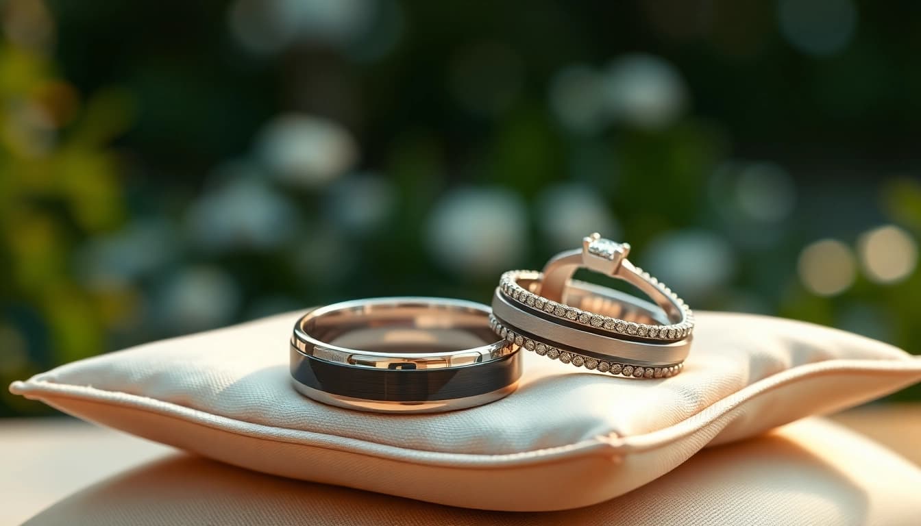 Admire stunning mens wedding rings displayed elegantly on a satin pillow with intricate designs.