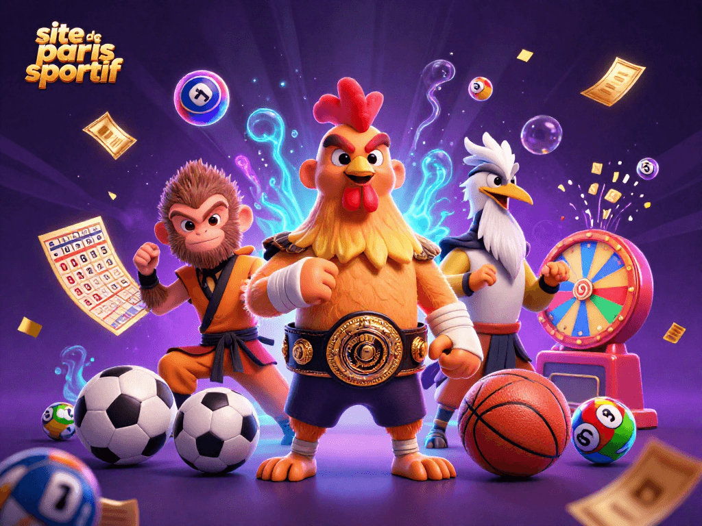 Pariez sur le site de paris sportif avec une scène dynamique de personnages animés et des éléments de jeu.