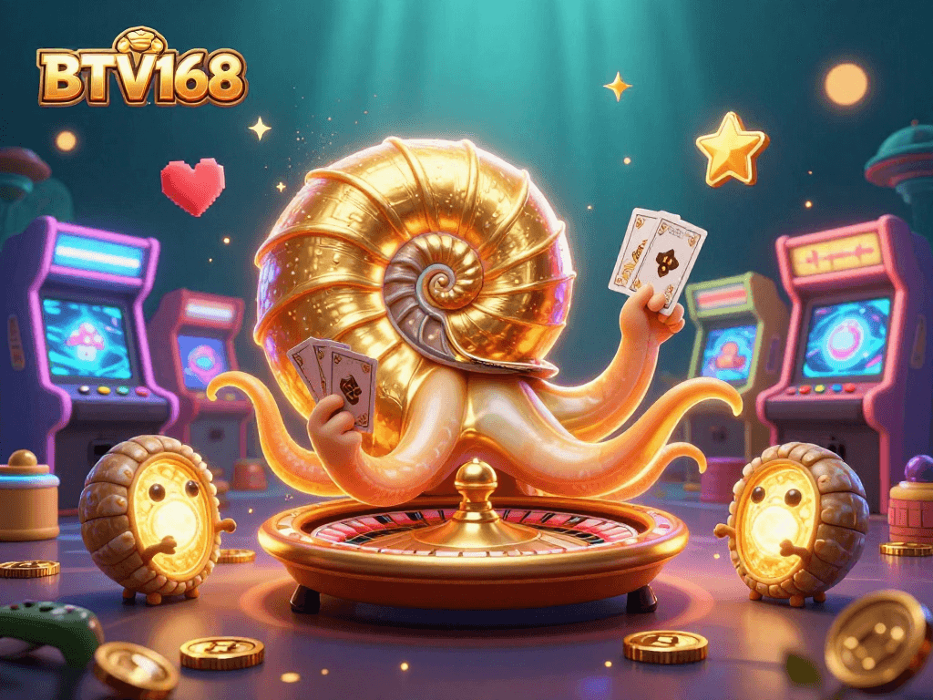 BTV168 captures excitement with a giant nautilus roulette wheel and glowing arcade machines.