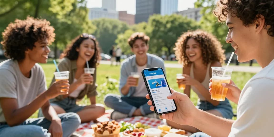 Friends using the rokok88 app during a sunny outdoor gathering, showcasing modern lifestyle.