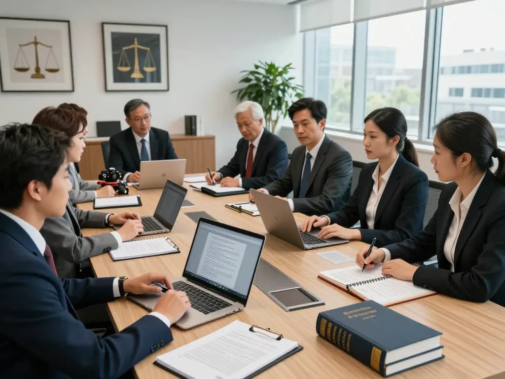 USA lawyers collaborating in a modern office meeting, discussing case files and strategies