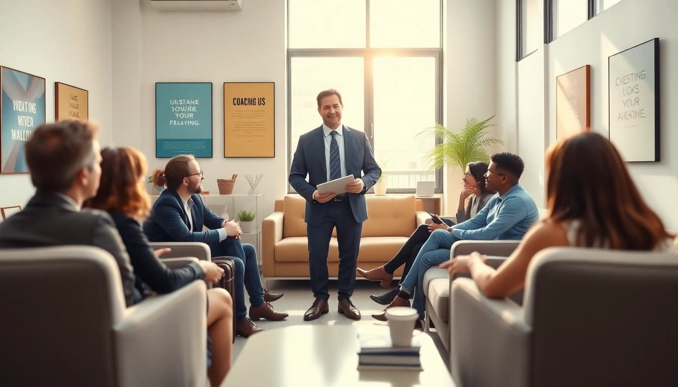 Business coach san diego assisting clients in a modern, inspirational office setting.