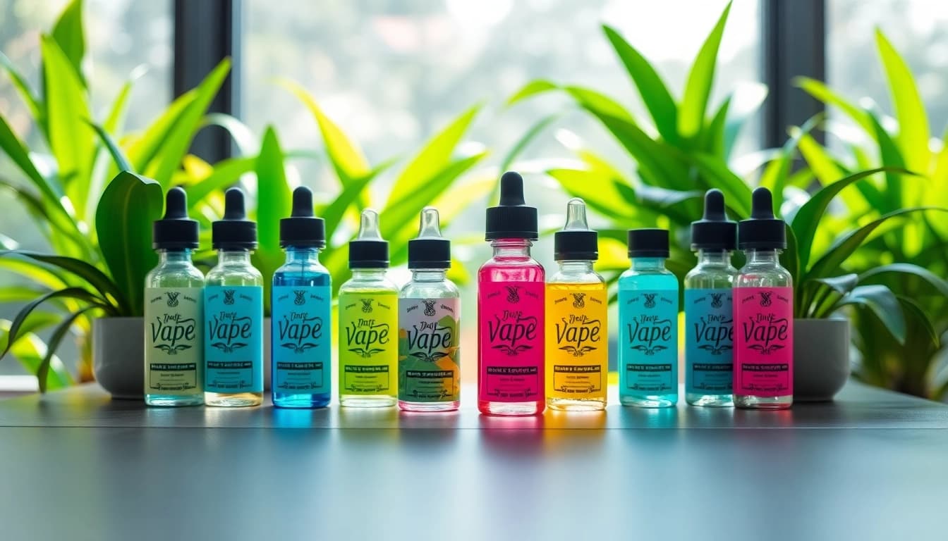 No nicotine vape collection with colorful juices and lush greenery for refreshing vibes.
