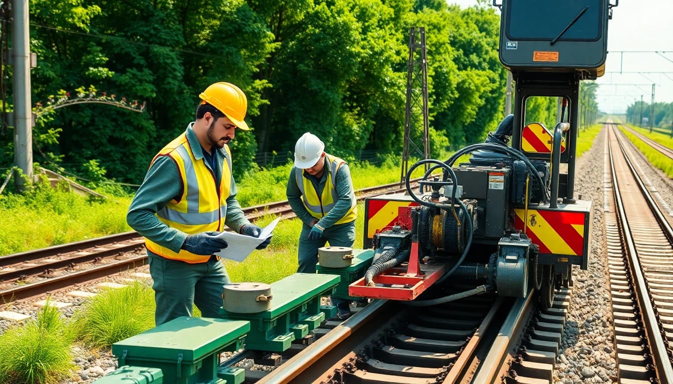 Effective railroad maintenance with a dedicated crew conducting track repairs on a sunny day.