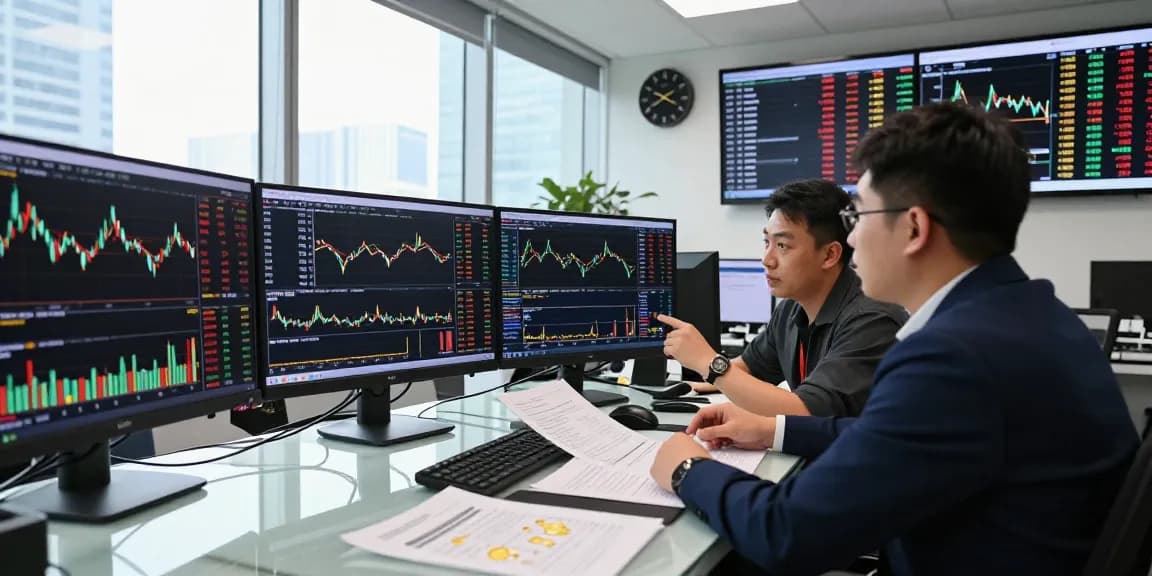 Live gold price updates in a modern finance office, traders analyzing charts and market trends.