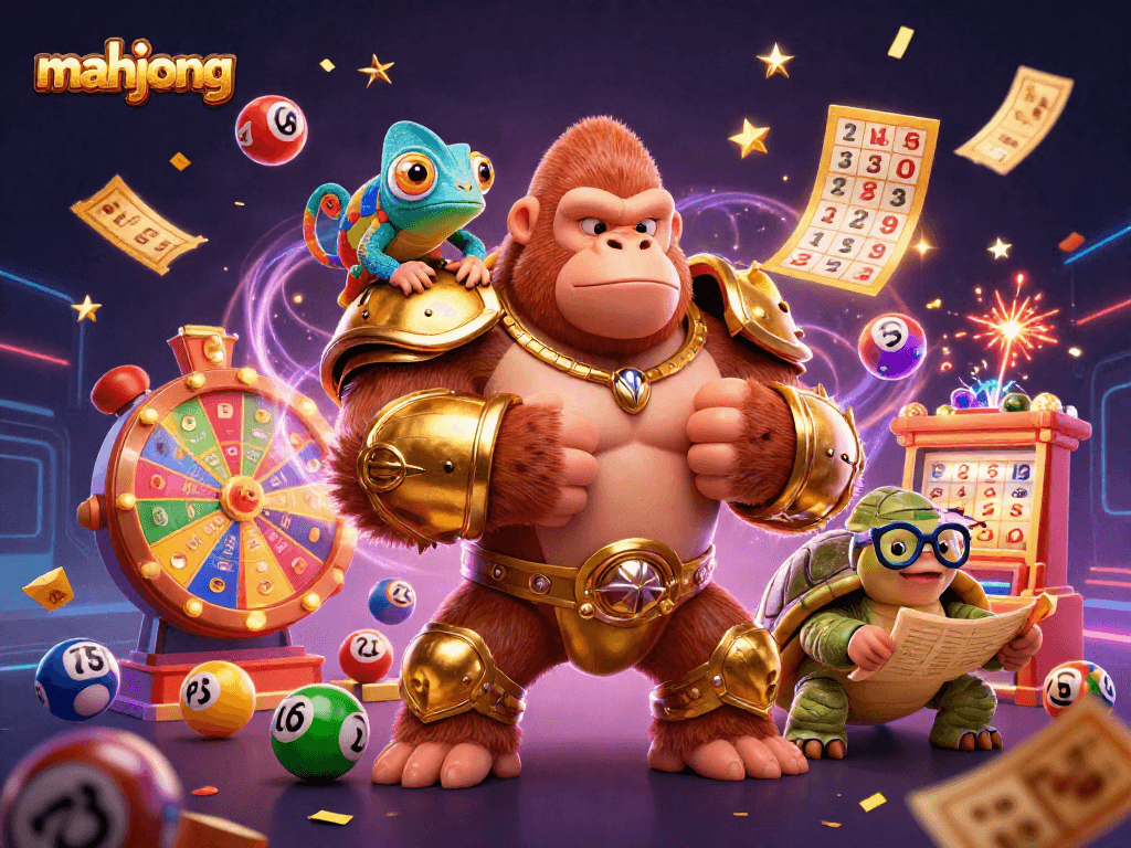Experience thrilling mahjong action with vibrant characters and casino elements in this 3D illustration.
