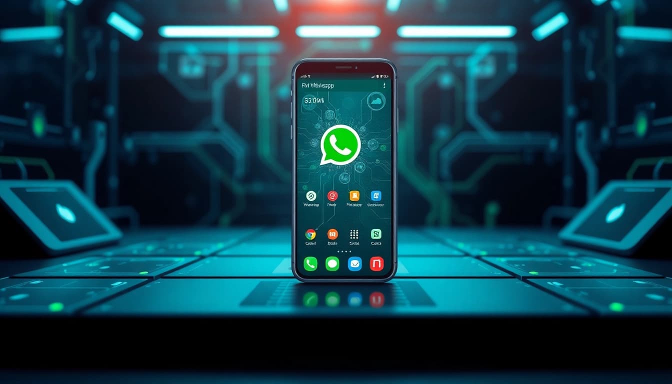 FM WhatsApp download displayed on a smartphone screen in a modern digital setting.