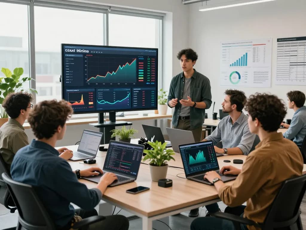 Dynamic team analyzing best cloud mining website data in modern office setting with real-time mining metrics.
